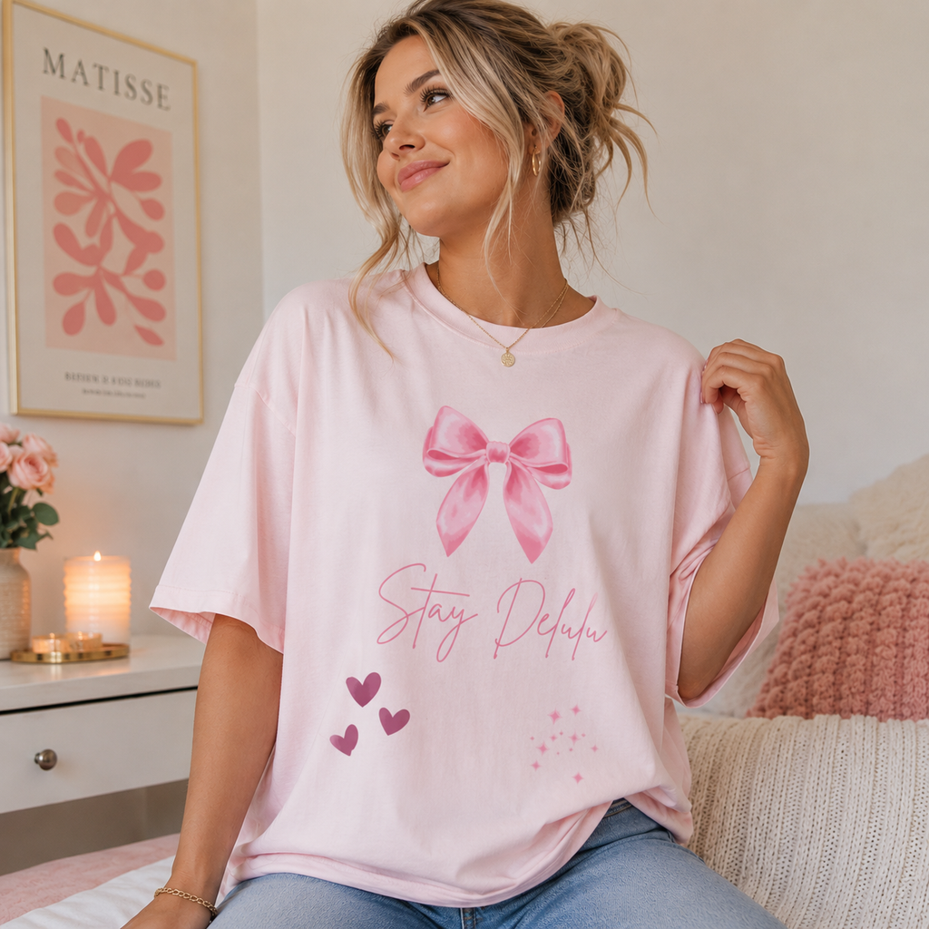 Pink Bow Stay Delulu Tee | Cute Hearts Graphic T-Shirt