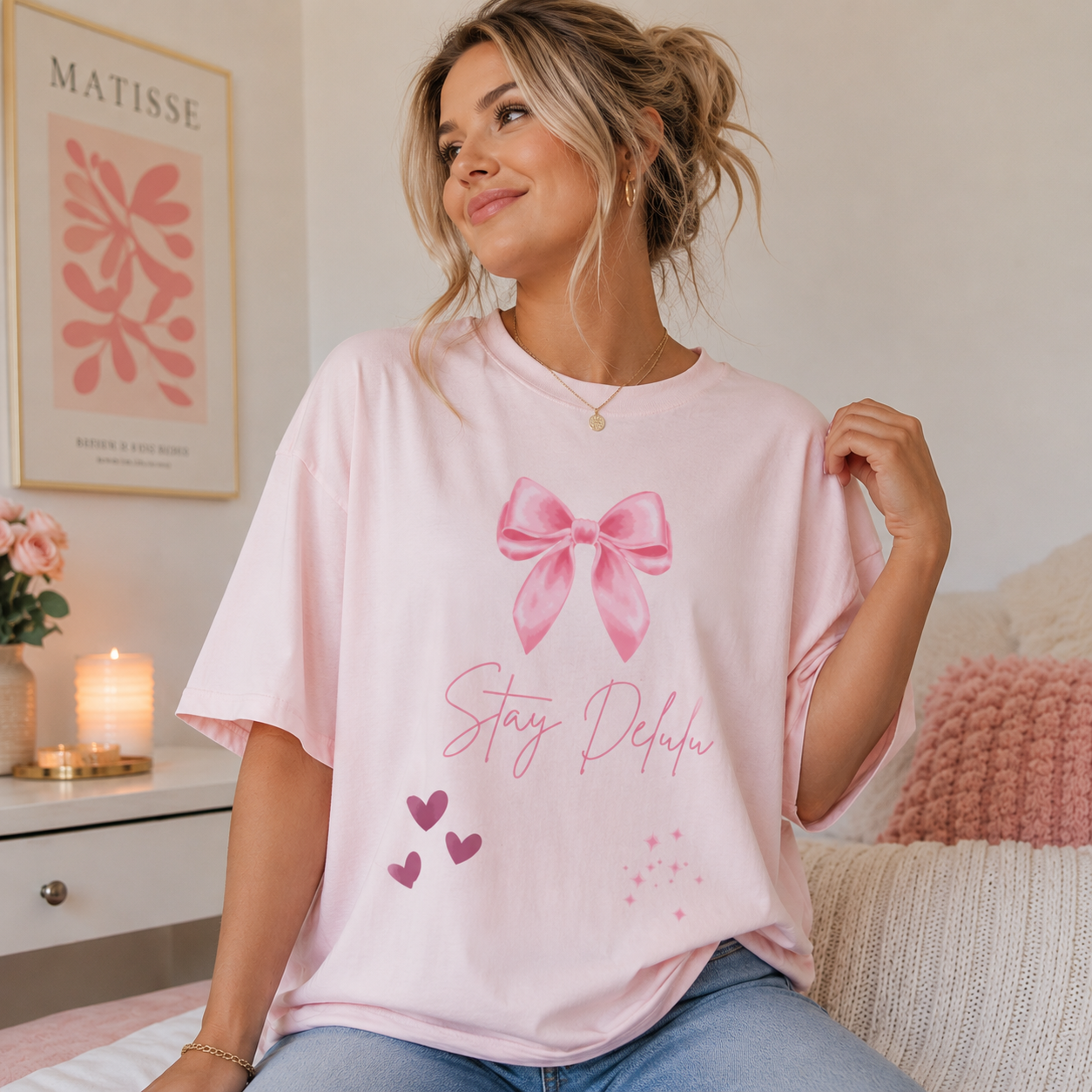 Pink Bow Stay Delulu Tee | Cute Hearts Graphic T-Shirt