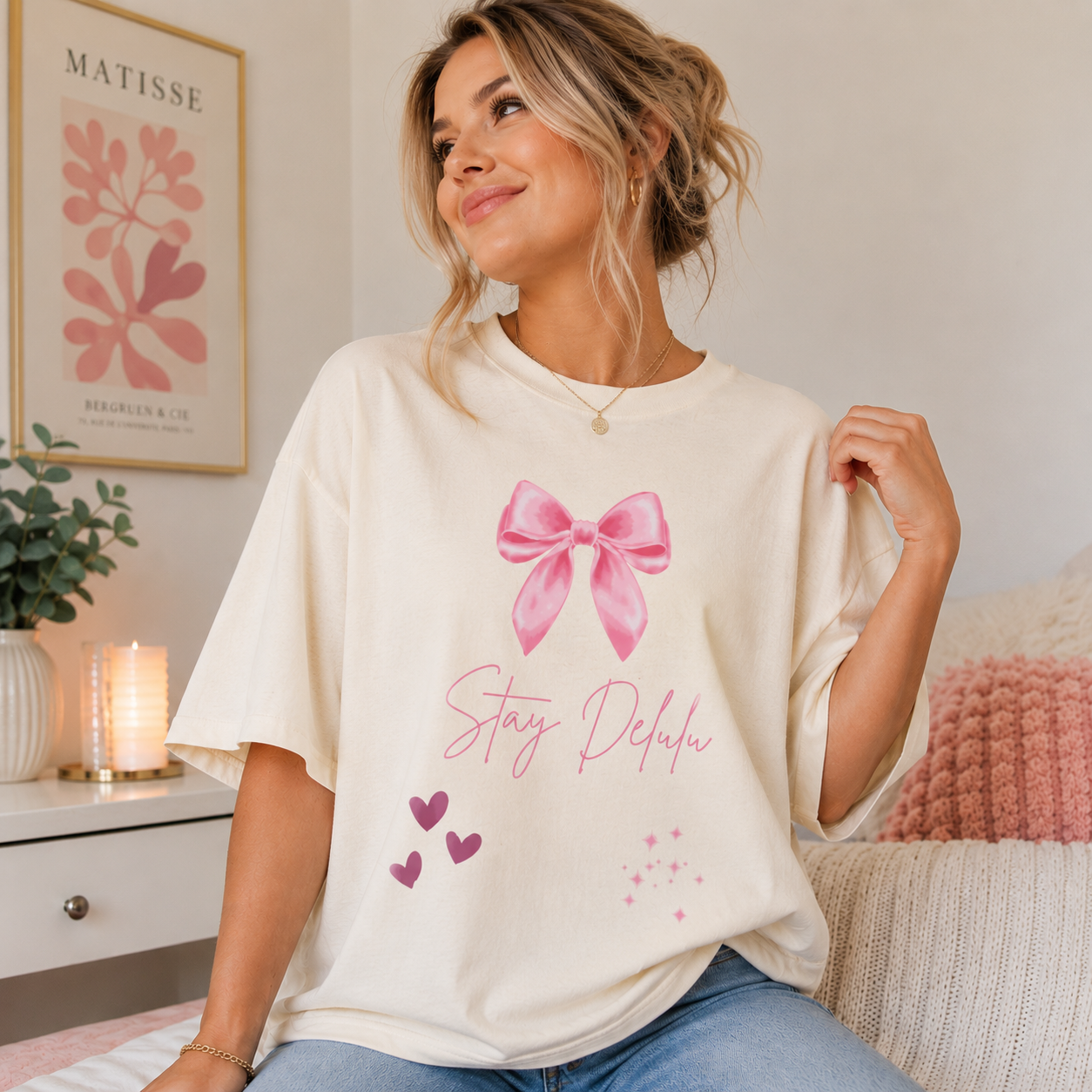 Pink Bow Stay Delulu Tee | Cute Hearts Graphic T-Shirt