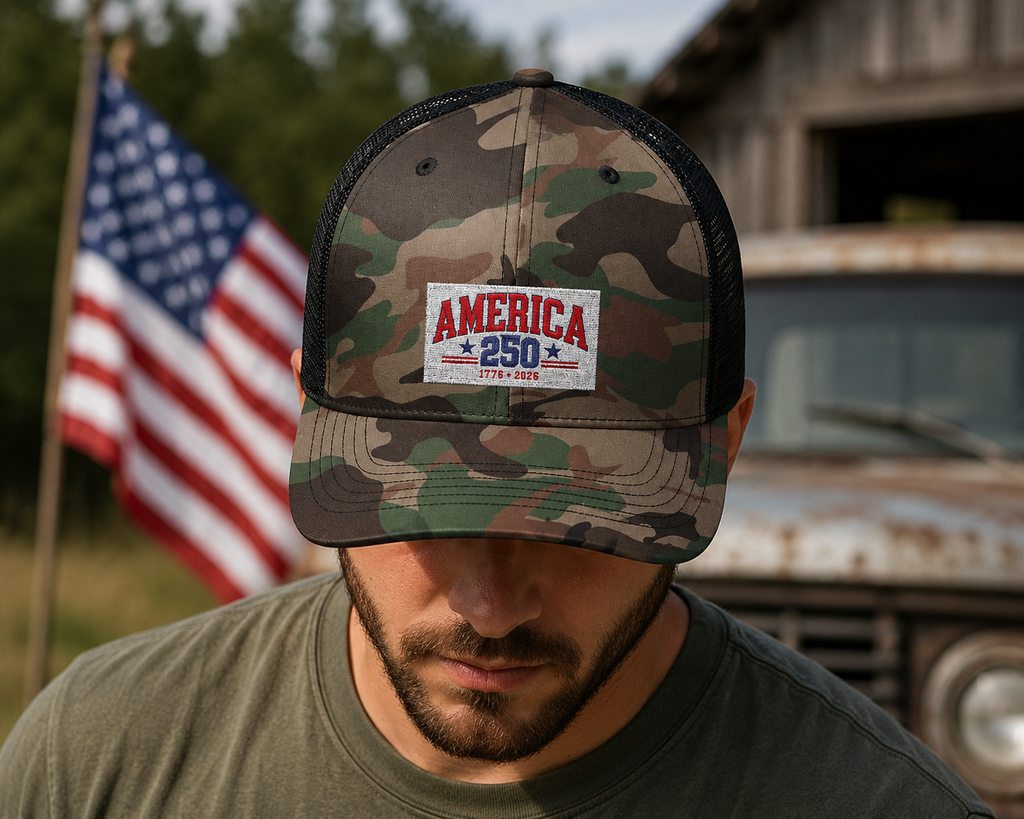 America 250 Camo Hat, Patriotic Trucker Cap, 1776 2026 Embroidered Hat, Fourth of July Snapback, USA Anniversary Gift