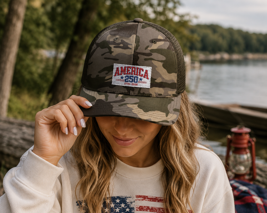 America 250 Camo Hat, Patriotic Trucker Cap, 1776 2026 Embroidered Hat, Fourth of July Snapback, USA Anniversary Gift