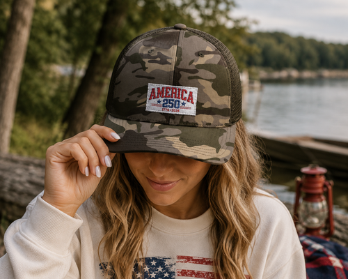 America 250 Camo Hat, Patriotic Trucker Cap, 1776 2026 Embroidered Hat, Fourth of July Snapback, USA Anniversary Gift
