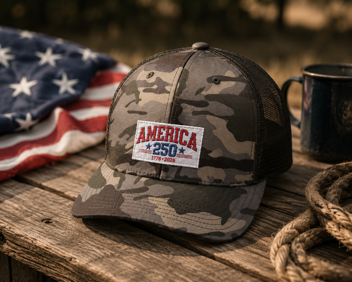 America 250 Camo Hat, Patriotic Trucker Cap, 1776 2026 Embroidered Hat, Fourth of July Snapback, USA Anniversary Gift