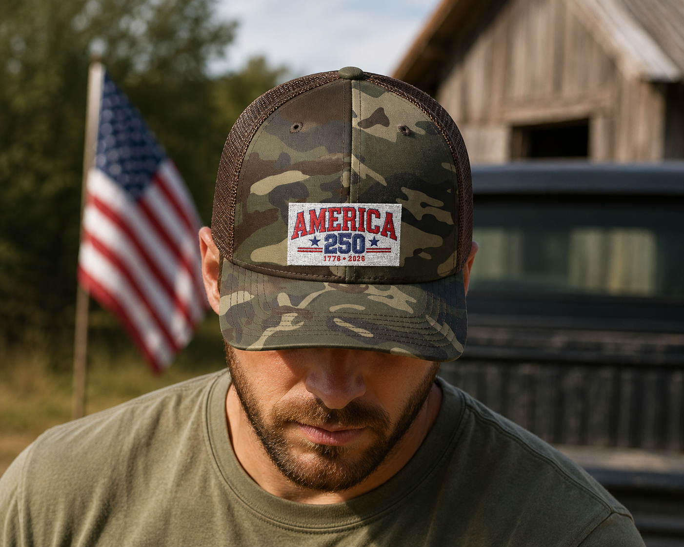 America 250 Camo Hat, Patriotic Trucker Cap, 1776 2026 Embroidered Hat, Fourth of July Snapback, USA Anniversary Gift