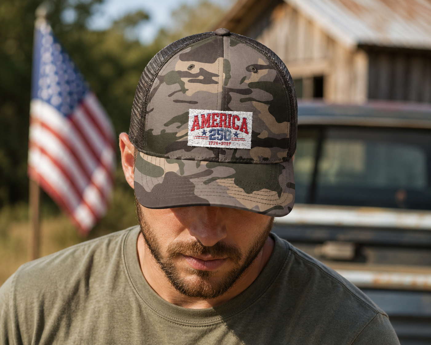 America 250 Camo Hat, Patriotic Trucker Cap, 1776 2026 Embroidered Hat, Fourth of July Snapback, USA Anniversary Gift