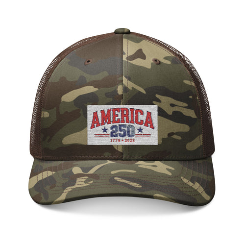 America 250 Camo Hat, Patriotic Trucker Cap, 1776 2026 Embroidered Hat, Fourth of July Snapback, USA Anniversary Gift